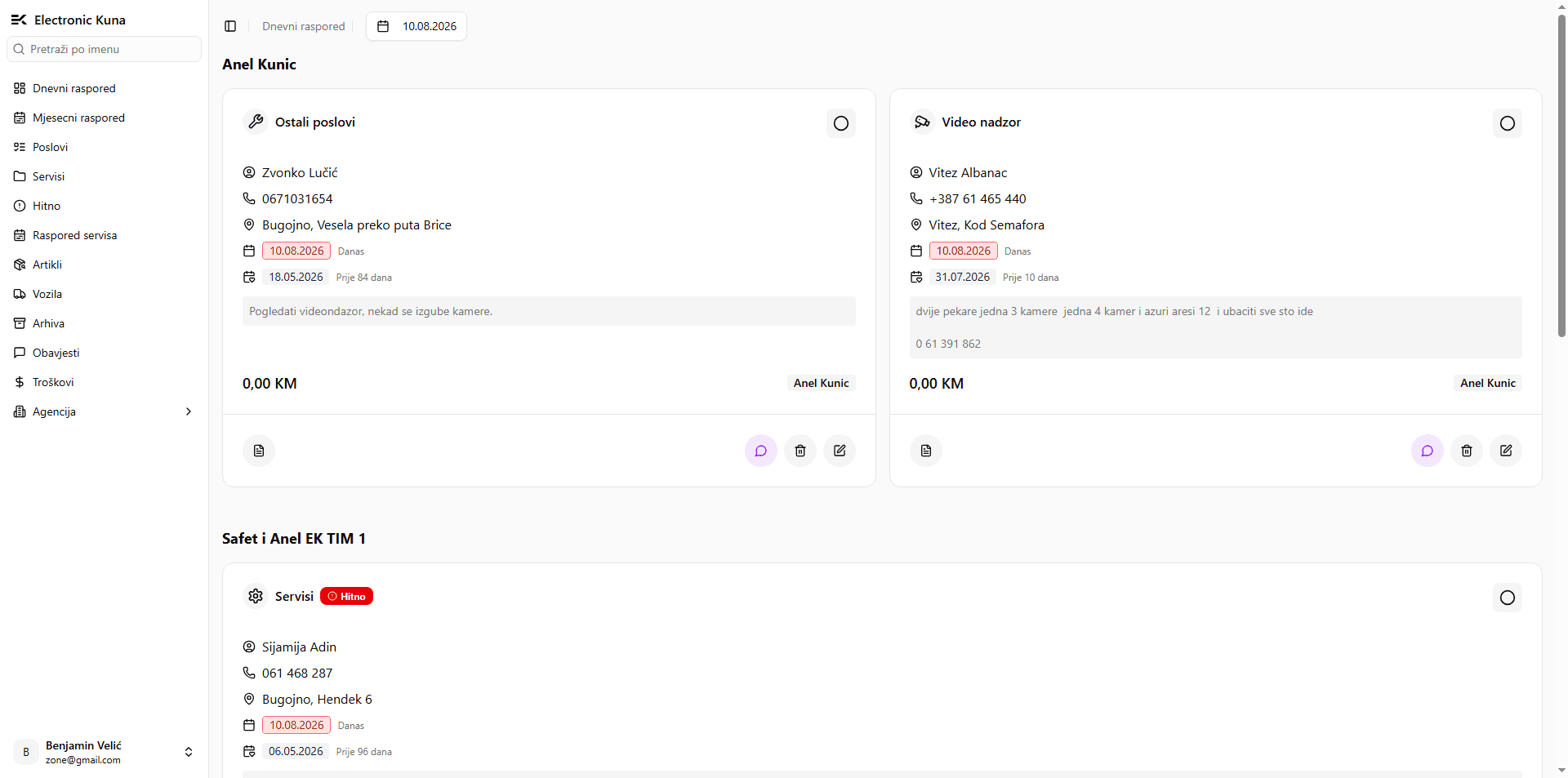 The daily dispatch — every crew's jobs for one date, with customer, address, notes and cost