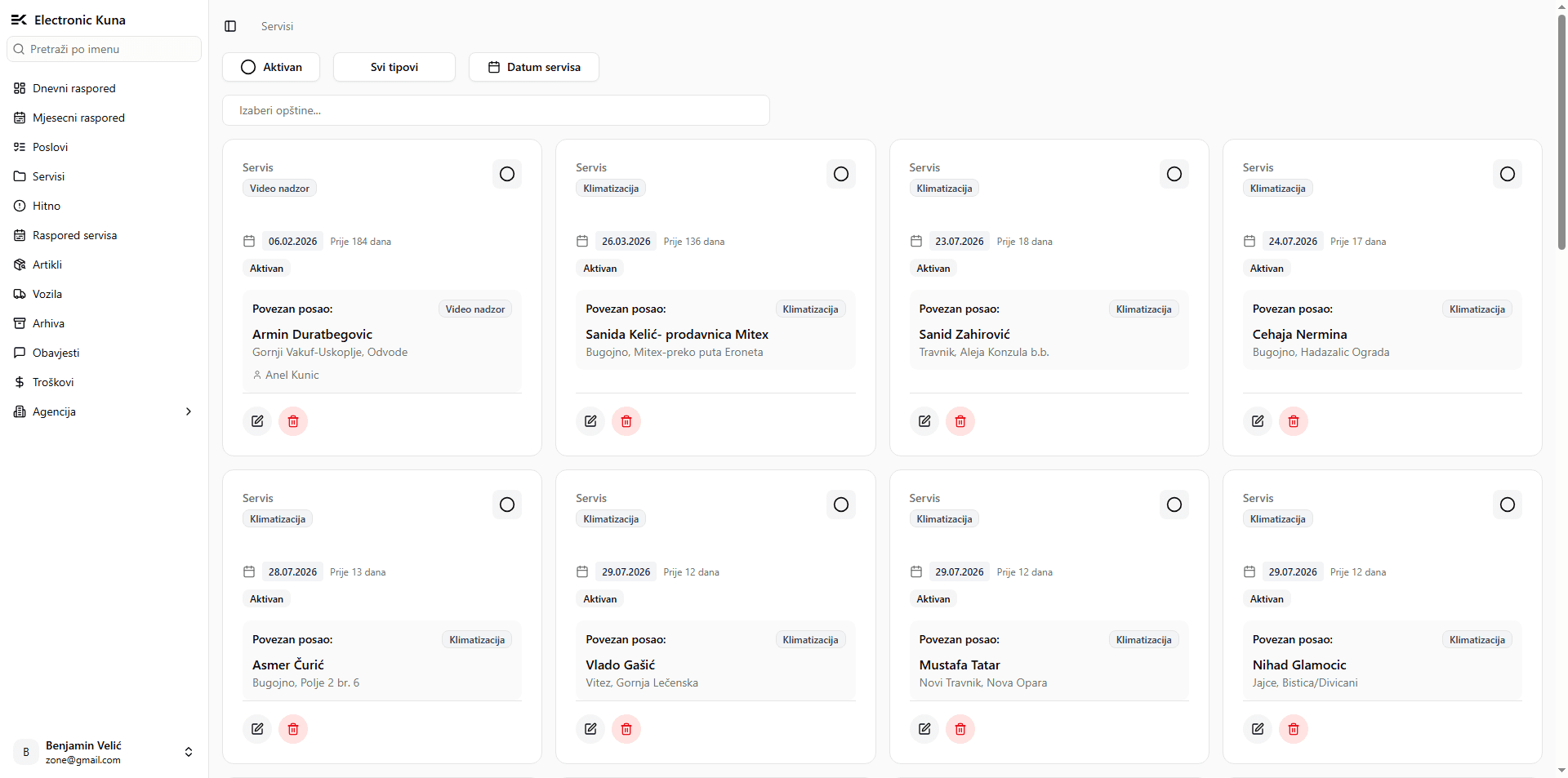 Service records — recurring servicing by type and date, tied back to the job and customer