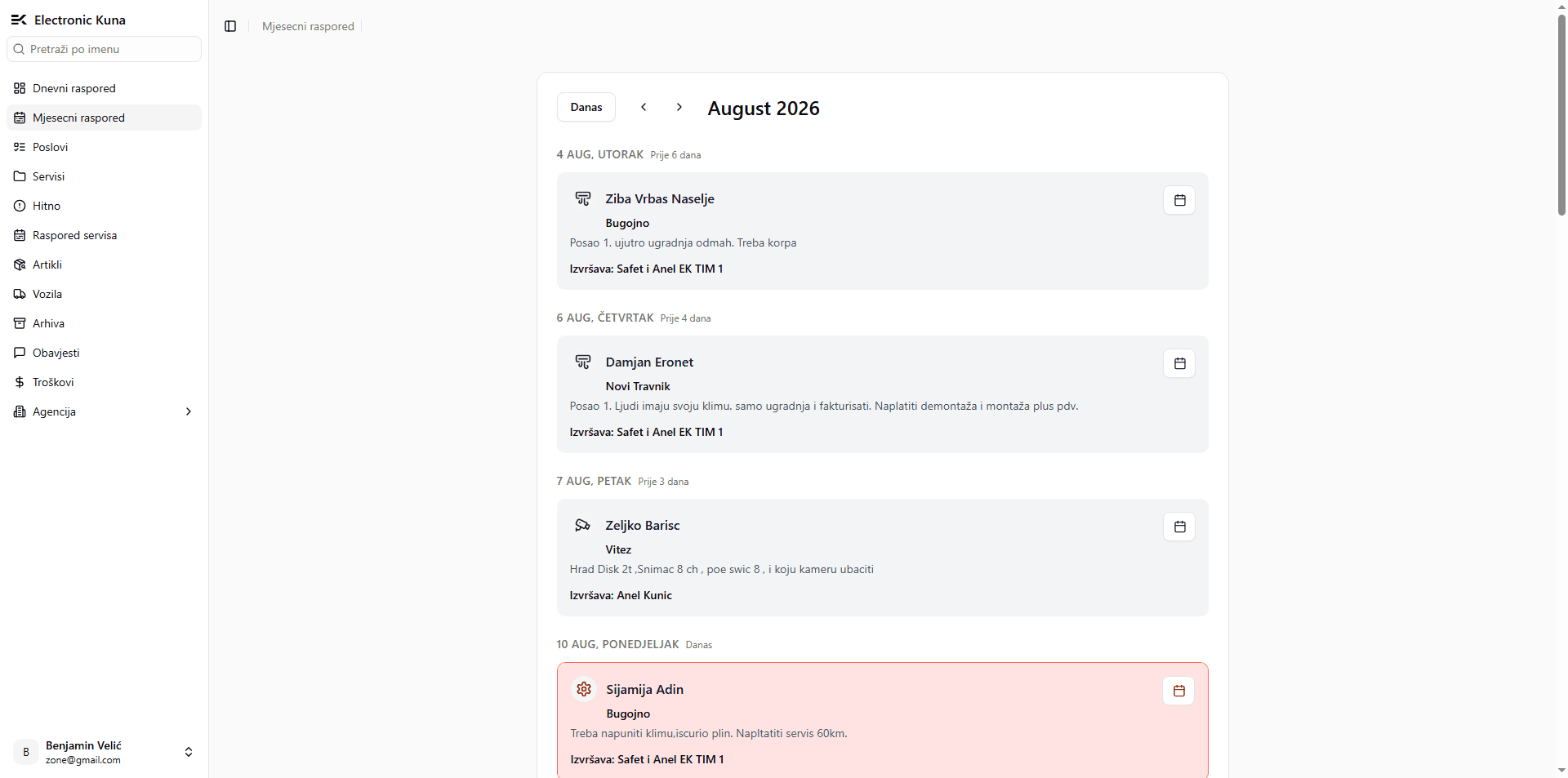 The monthly schedule — jobs by date and assigned crew, with urgent work flagged