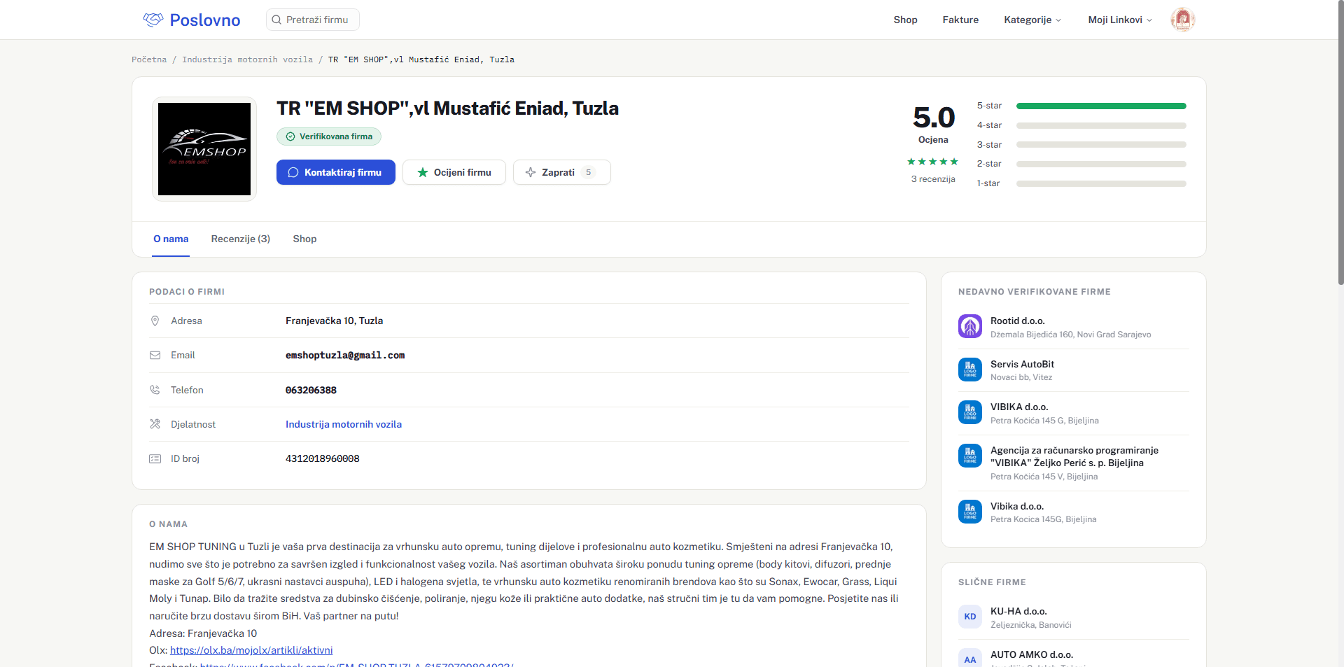 A verified company profile — registry details, rating breakdown and recently verified companies
