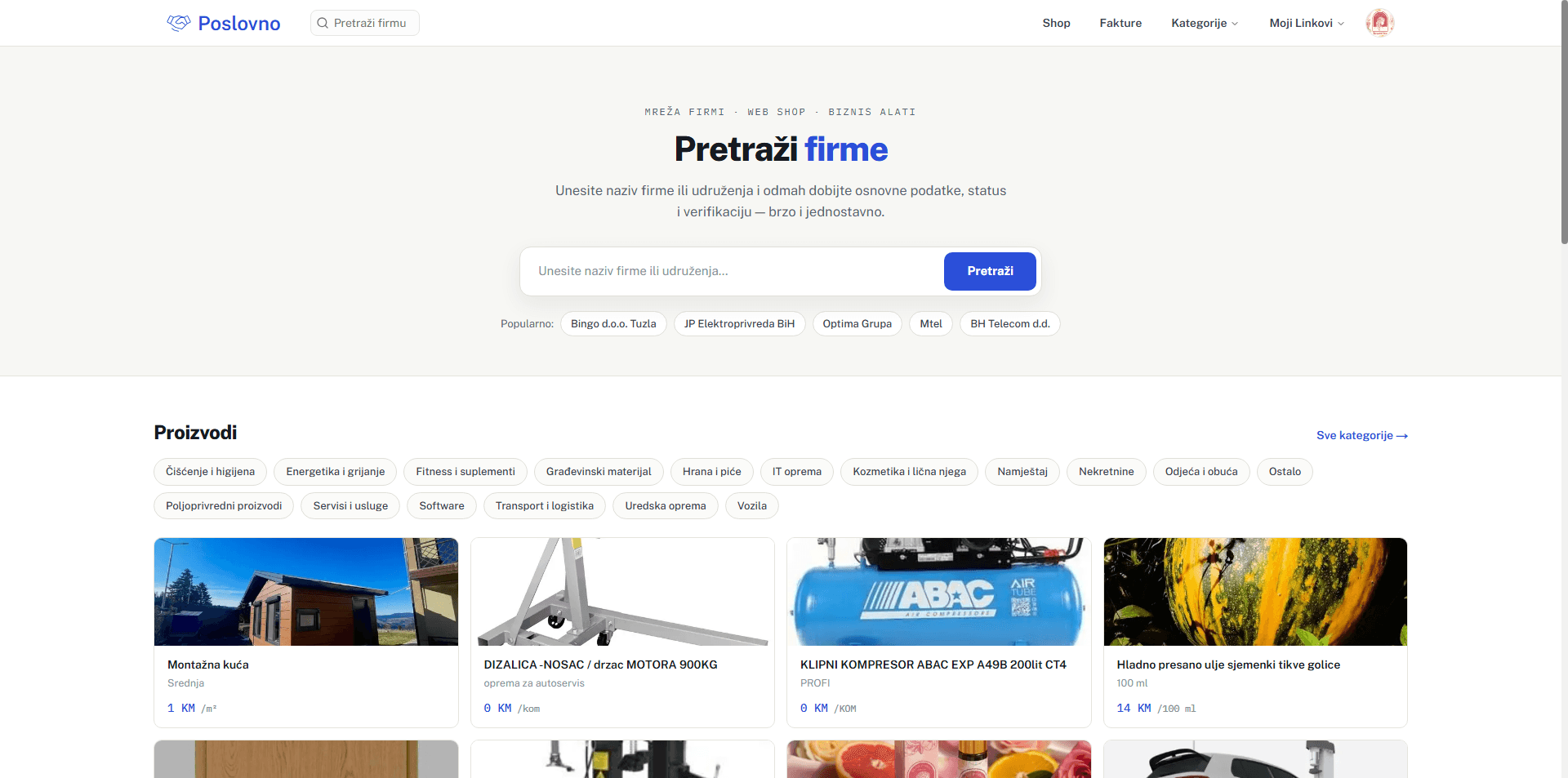 The Poslovno.ba home page — company search over the marketplace