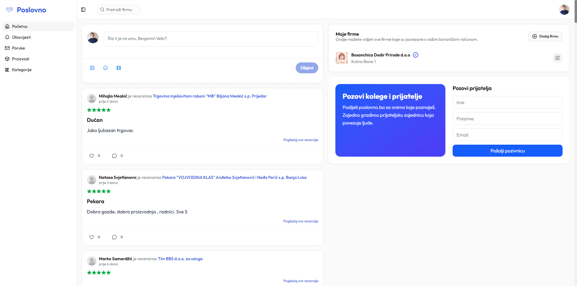 The signed-in feed — review activity, the companies you own and colleague invites