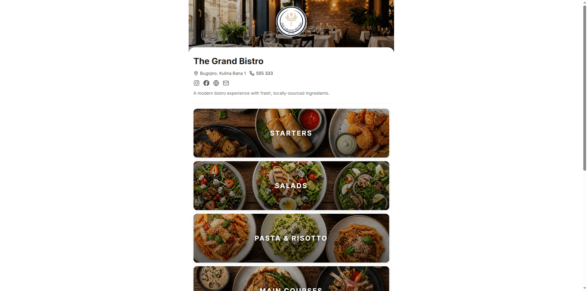 A live QRbook menu — the public page a diner lands on after scanning