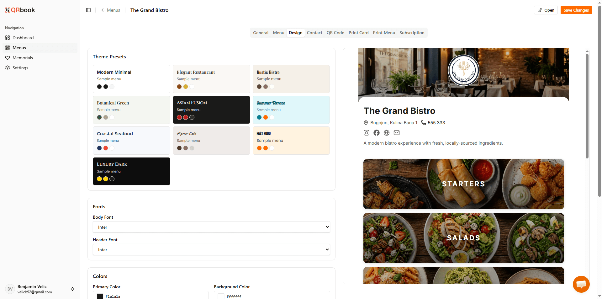 The menu editor — theme presets, fonts and colours against a live preview