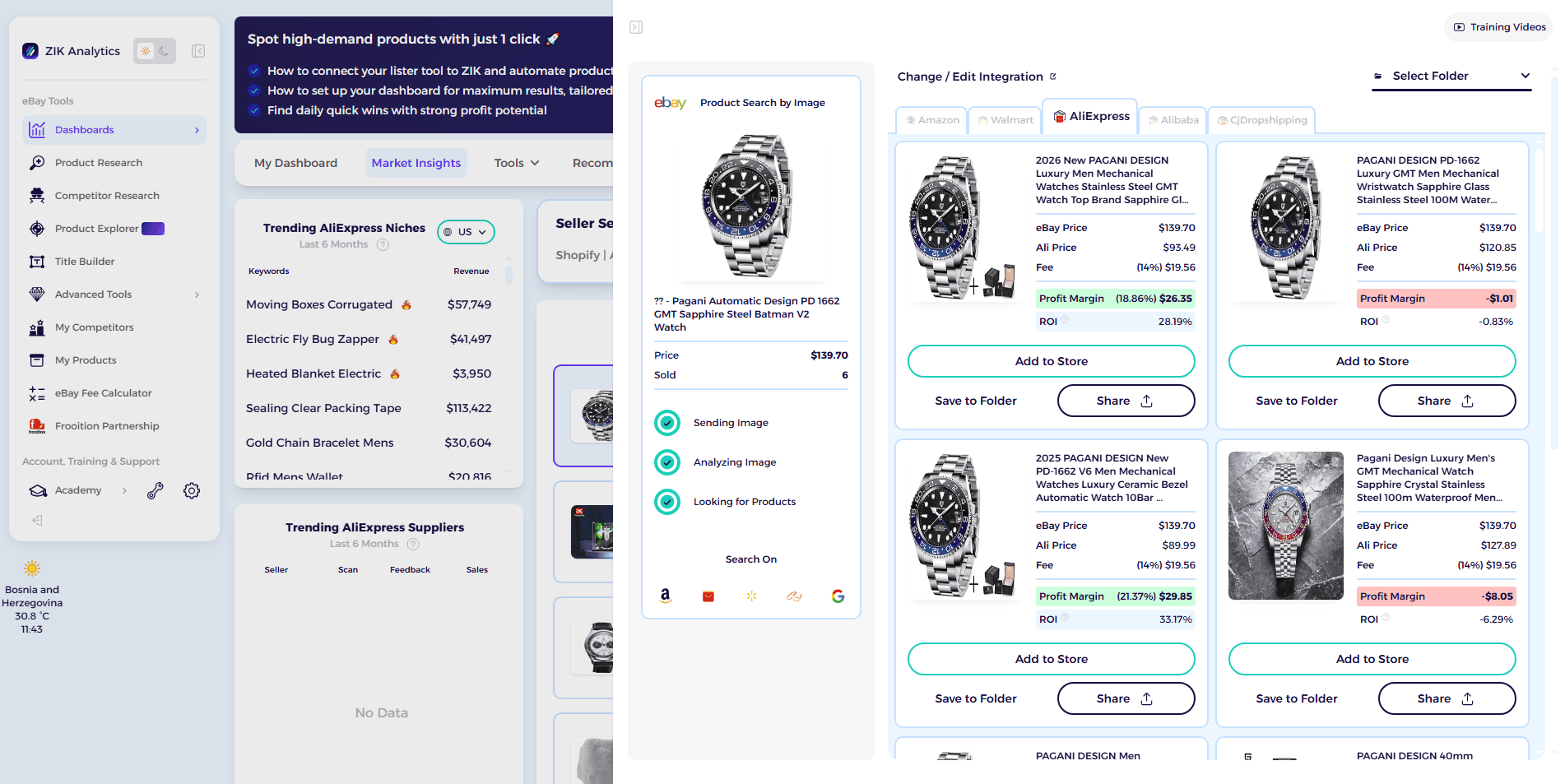 The item finder — image-matching an eBay listing to supplier marketplaces, with profit margin and ROI per result