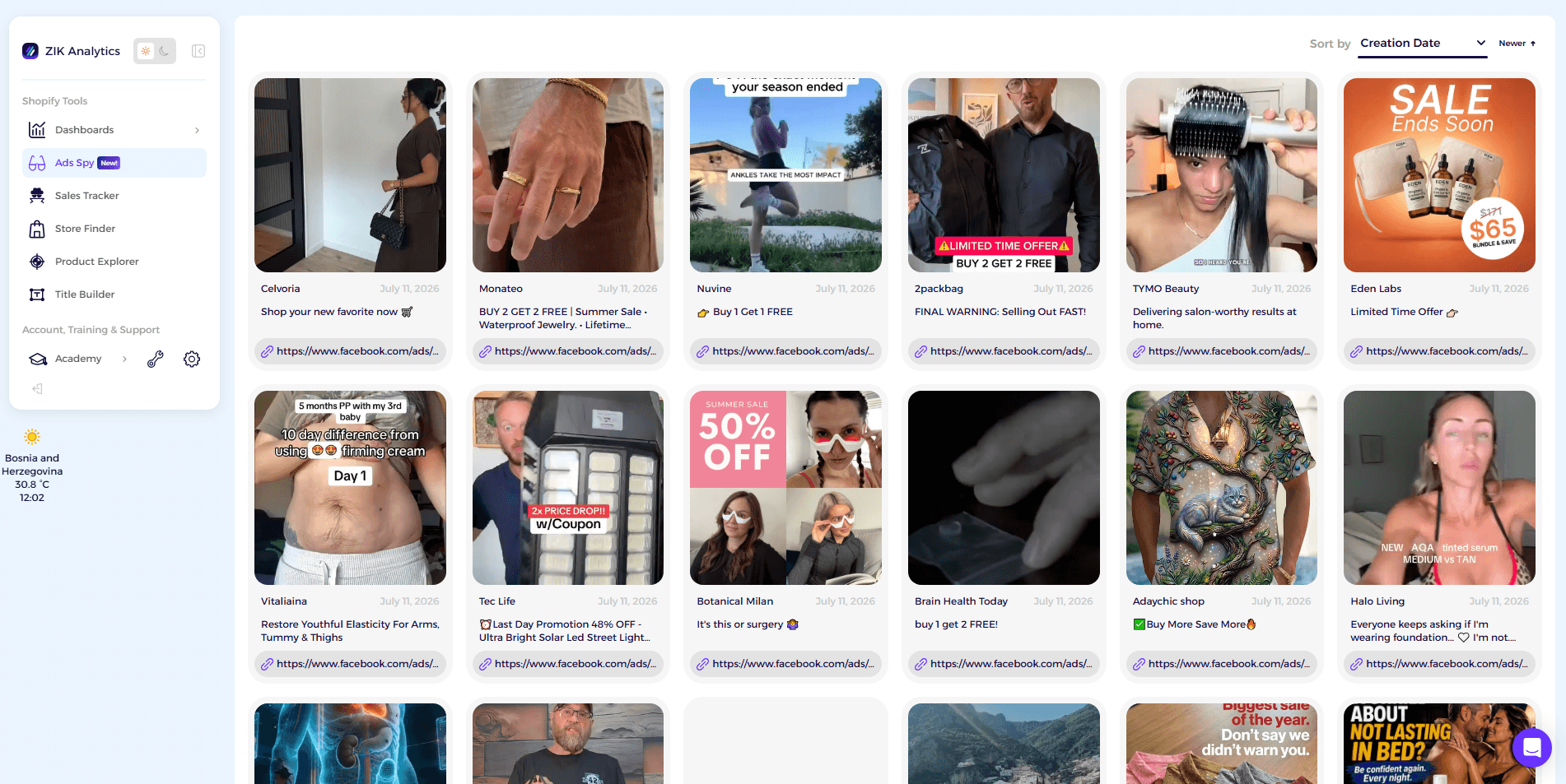 Ads Spy in the Shopify toolset — live Facebook ad creatives from competing stores, with copy and source links